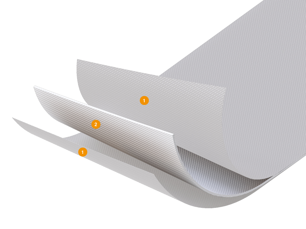 Polotno konstruktsiyasi: 1) maxsus kremniyoksidli mato; 2) maxsus kremniyoksidli mat.